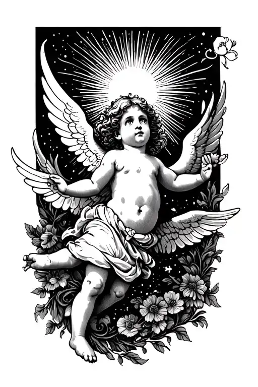 small flying cherub reaching for the sun tattoo design idea