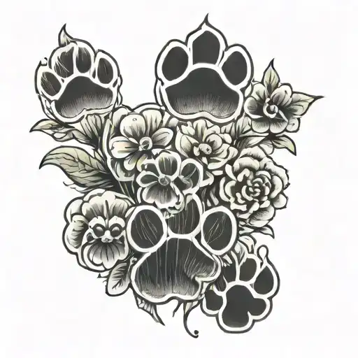 A tattoo in 3 parts connected with stems. First part on the bottem of the tattoo are 4 black and white paw prints of a d tattoo design idea