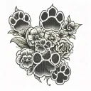A tattoo in 3 parts connected with stems. First part on the bottem of the tattoo are 4 black and white paw prints of a d tattoo design idea
