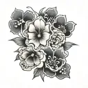 A tattoo in 3 parts connected with stems. First part on the bottem of the tattoo are 4 black and white paw prints of a d tattoo design idea
