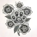 A tattoo in 3 parts connected with stems. First part on the bottem of the tattoo are 4 black and white paw prints of a d tattoo design idea