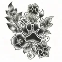 A tattoo in 3 parts connected with stems. First part on the bottem of the tattoo are 4 black and white paw prints of a d tattoo design idea