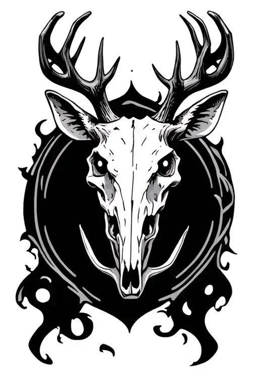 creepy deer skull with glowing eyes and sharp teeth tattoo design idea
