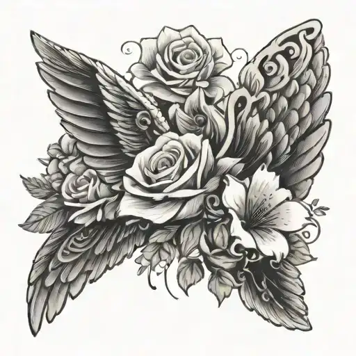 half angel wing with flowers and date   tattoo design idea