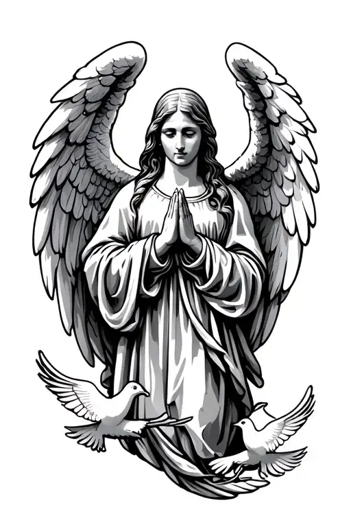 Christian, biblical, angel, wings, praying hands, holy gates, doves  tattoo design idea