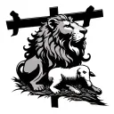 lion silhouette over a cross with a lamb at the foot of the cross tattoo design idea
