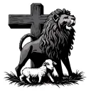 lion silhouette over a cross with a lamb at the foot of the cross tattoo design idea