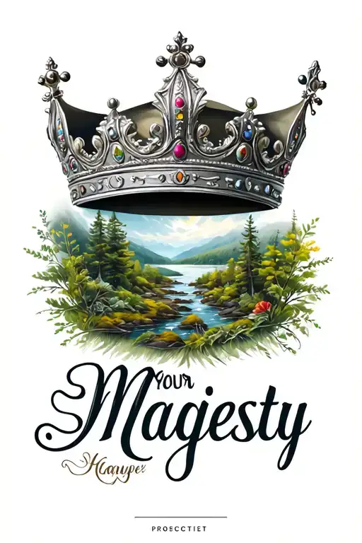"Your Majesty" crown with nature scene tattoo design idea