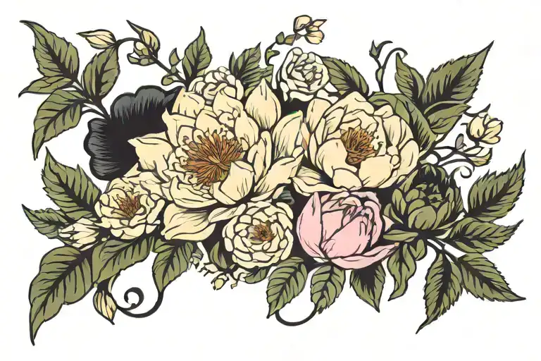 water lilies larkspur gladiolus poppy chrysanthemum peonies holly narcissus flowers and snake tattoo design idea