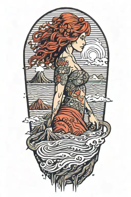 female, red hair, hawaii, volcano, sea turles tattoo design idea
