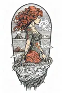 female, red hair, hawaii, volcano, sea turles tattoo design idea