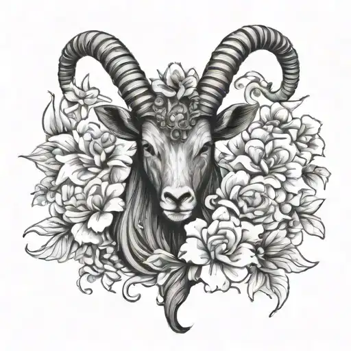 fineline capricorn zodiac sign with flowers tattoo design idea