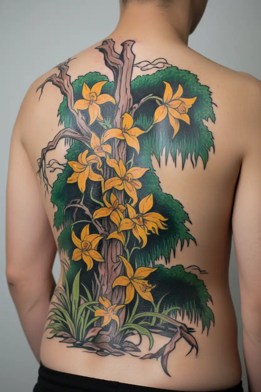 Weeping Willow arm sleeve with yellow daffodils growing tattoo design idea
