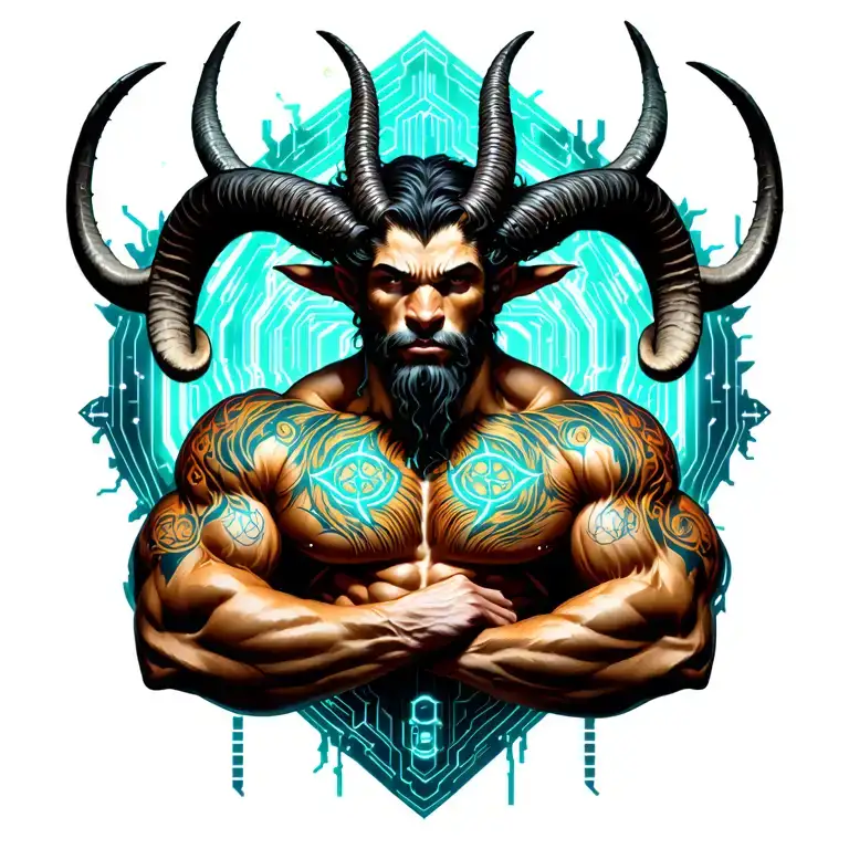 Gay male horned satyr with massive bodybuilder muscles. Background of natural tree roots, vines and patterns tattoo design idea