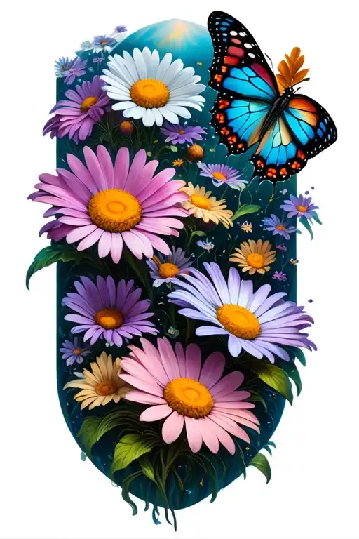 colorful daisies and butterflies in a magical world tattoo design idea