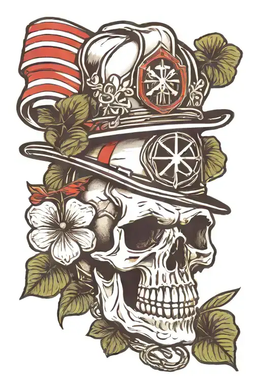 skull, firefighter helmet, cigar, 4 leaf clover, thin red line  tattoo design idea