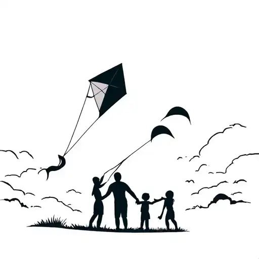 A minimalist outline of a father and children playing with a kite, illustrating the freedom and happiness of spending time together tattoo design idea
