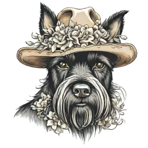 all black schnauzer with cowgirl hat and brown eyes and a collar and flowers looking to the side tattoo design idea