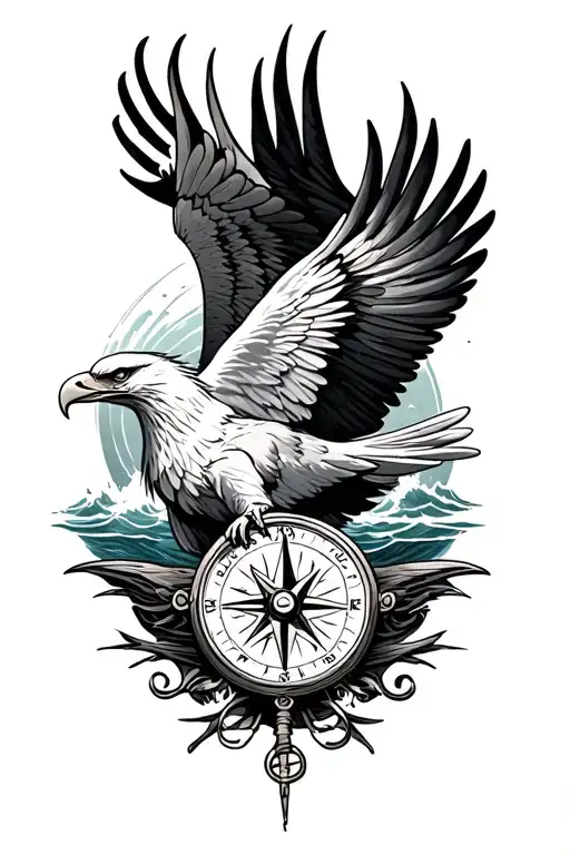 eagle over sea with a compass tattoo design idea
