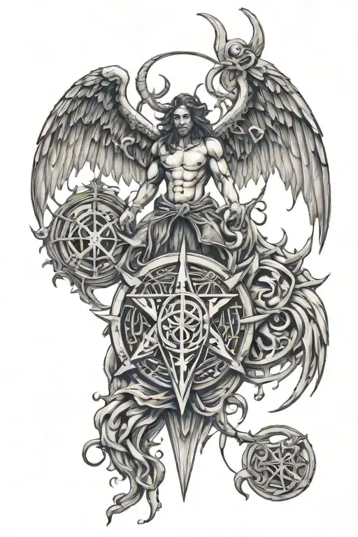 lucifer sigil combined with angel falling tattoo design idea