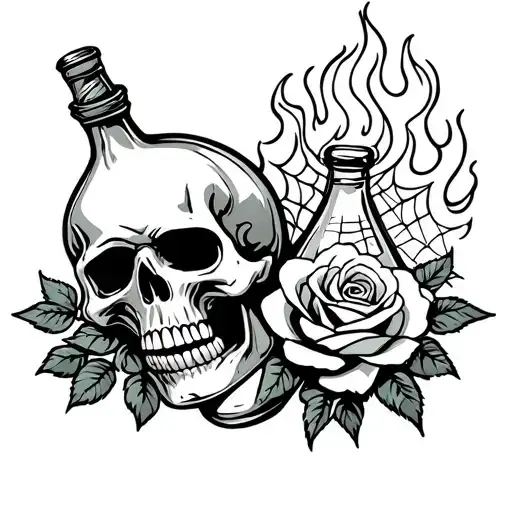 skull and roses,pirate,flaming bottle,spider webs tattoo design idea