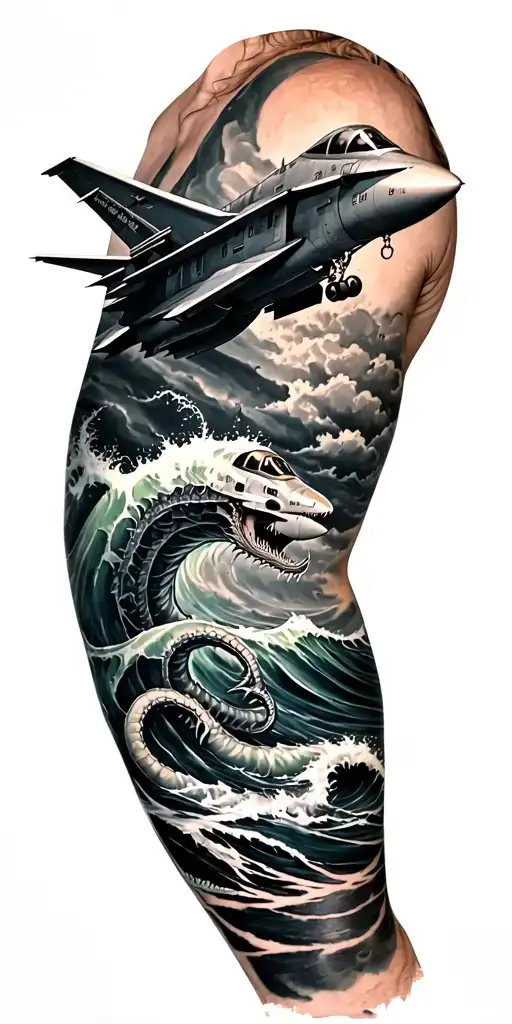 Nautical sleeve with an F-18 on the shoulder above the waves with a kraken underwater tattoo design idea