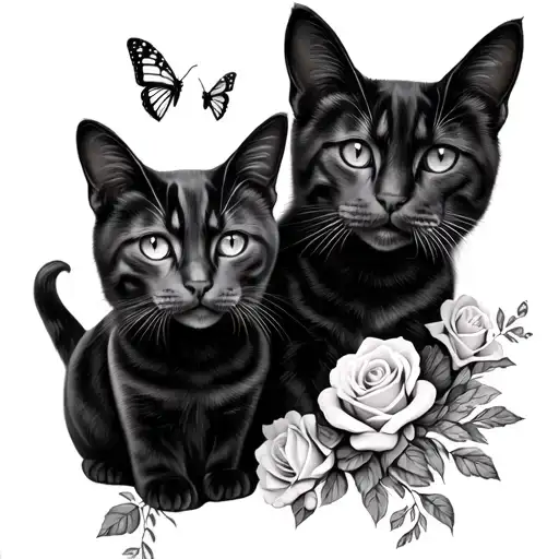 mother and daughter matching cats, roses and butterflies tattoo design idea