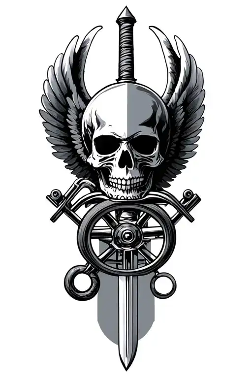 Skull, wings, sword, wheel from wheelchair on the bridge tattoo design idea