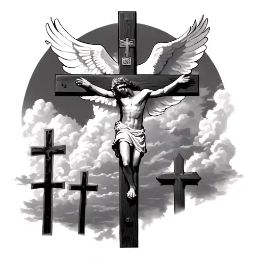 3 crosses of the crucifixion of Jesus Christ with clouds behind and a large white dove following by the archangel Michael tattoo design idea