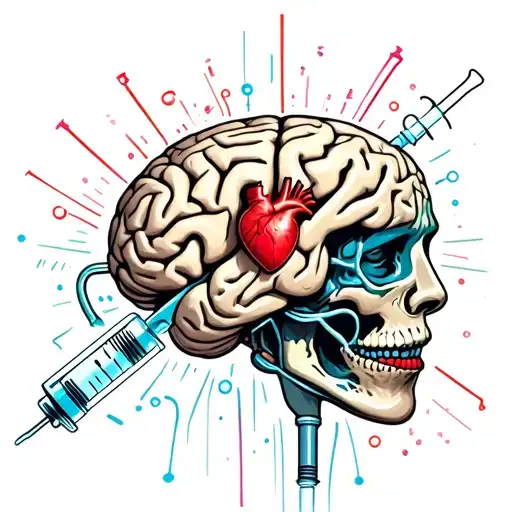 Sick brain with syringe with heart connected tube  tattoo design idea