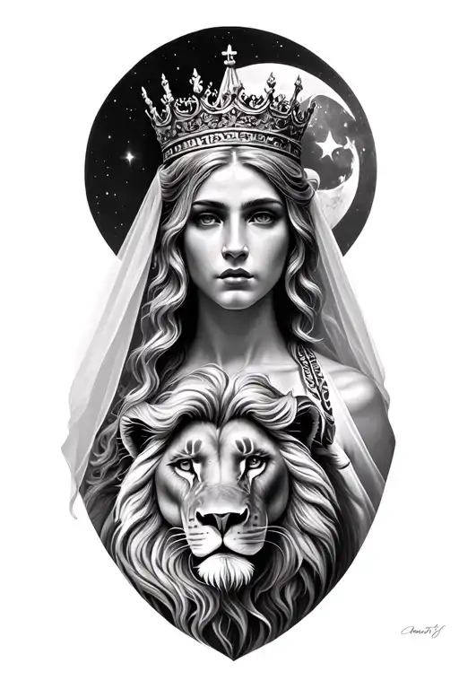 black & grey realism greek goddess leto wearing crown with veil, a lion and moon tattoo design idea