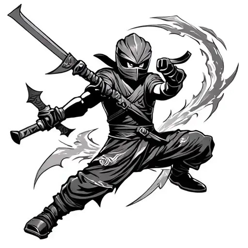 A tattoo design featuring a mystical ninja warrior in a dynamic pose, surrounded by elements of Ninjago tattoo design idea