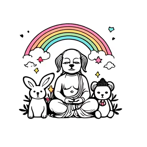 nici puppy, small Buddha and a jellycat bunny with a rainbow above tattoo design idea