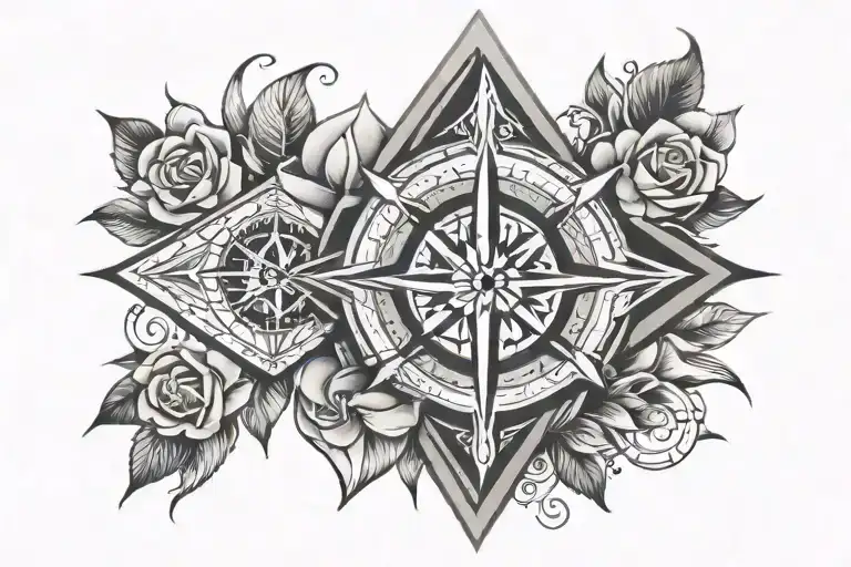 polynesian diamond and rose and compass surrounded tattoo design idea
