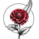 A Feather bending round the stem of a red carnation flower tattoo design idea