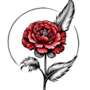 A Feather bending round the stem of a red carnation flower tattoo design idea