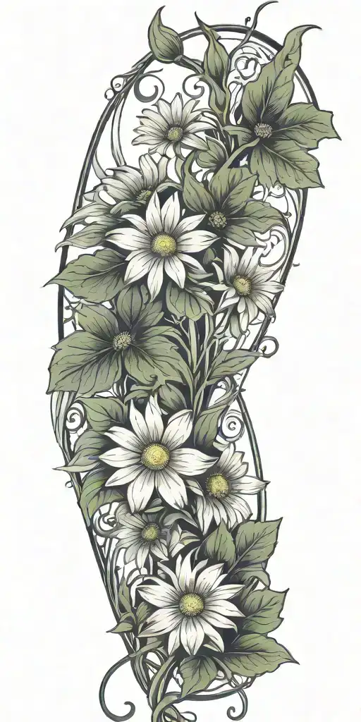 a single Long narrow vine with green leaves and daisy flowers tattoo design idea