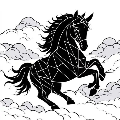 fine line simple Korean geometric pattern horse on Korean clouds tattoo design idea