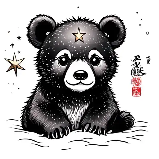 cute bear cub and north star tattoo design idea