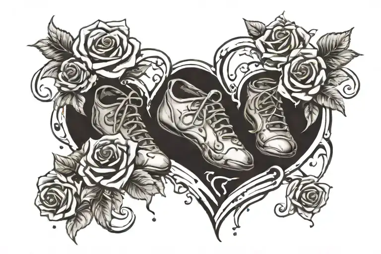Baby feet inside messy heart shape surrounded by roses with realistic tears tattoo design idea