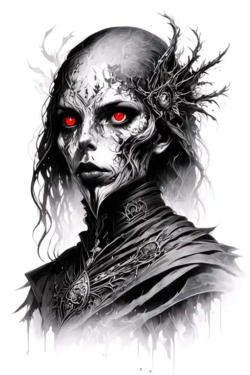 the Warden she is, non-human, solemn figure that emerges from the fog to watch over memories, loss. red eye glows  tattoo design idea