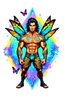 sexy adult gay male faery cartoon bodybuilder, playful, magical. Around him are butterflies, rainbows.  tattoo design idea