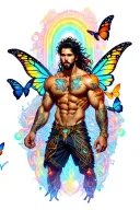 sexy adult gay male faery cartoon bodybuilder, playful, magical. Around him are butterflies, rainbows.  tattoo design idea