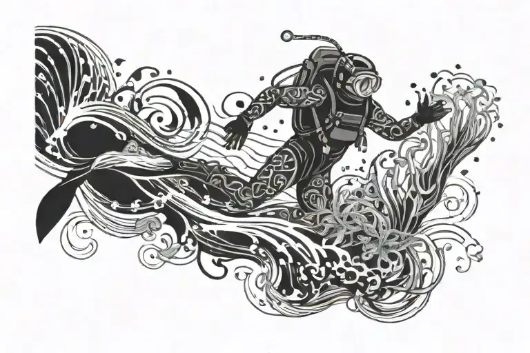 A tattoo on the whole arm, on the forearm an underwater world with a diver floating underwater, higher up a smooth trans tattoo design idea