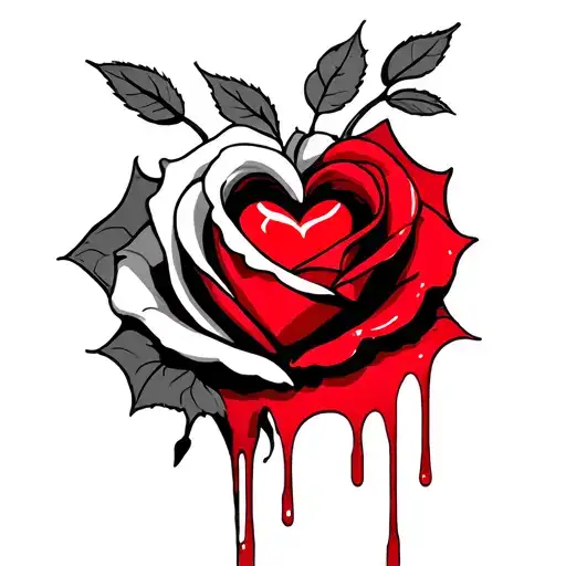 hand with heart in it with blood dripping from it onto a rose tattoo design idea