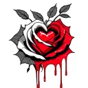 hand with heart in it with blood dripping from it onto a rose tattoo design idea