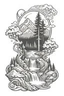 waterfall flowing with trees mountains inside compass tattoo design idea
