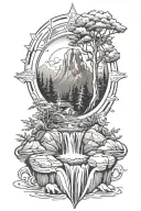 waterfall flowing with trees mountains inside compass tattoo design idea
