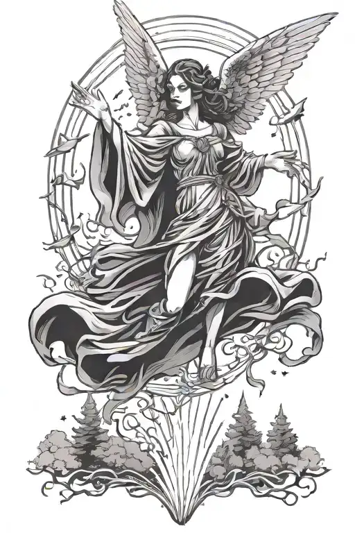 angel falling from the heavens into a wooded scene. dark femme goth art style tattoo design idea