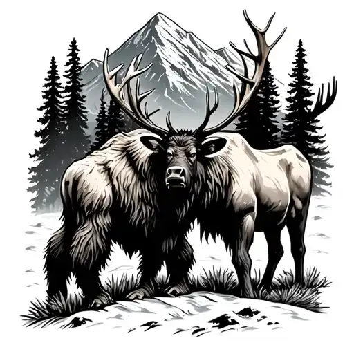 Sasquatch hiking with a bull elk in its pack in rocky mountains tattoo design idea